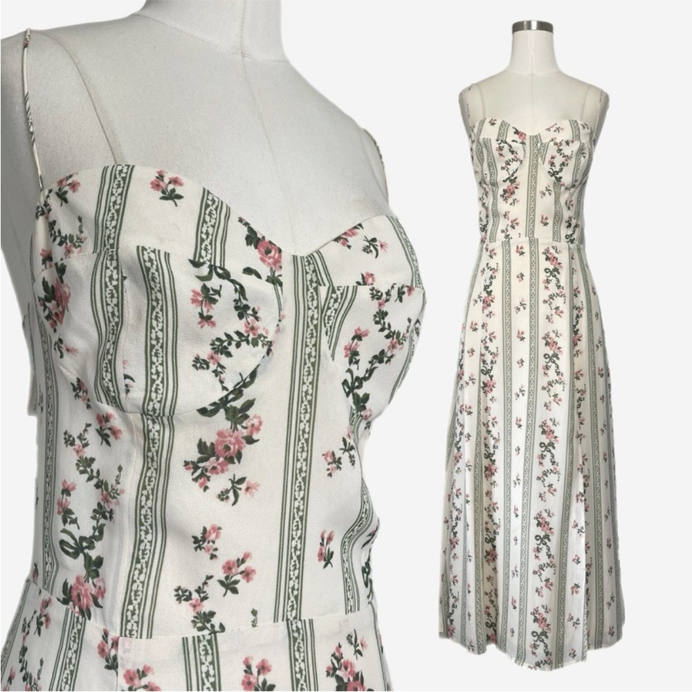 Reformation Cream Midi Dress with Pink Floral & Green Stripe